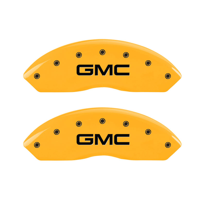 MGP Caliper Covers 34212SGMCYL Caliper Cover (Yellow Powder Coat Finish, Engraved Front and Rear: GMC, Black Characters, Set of 4)