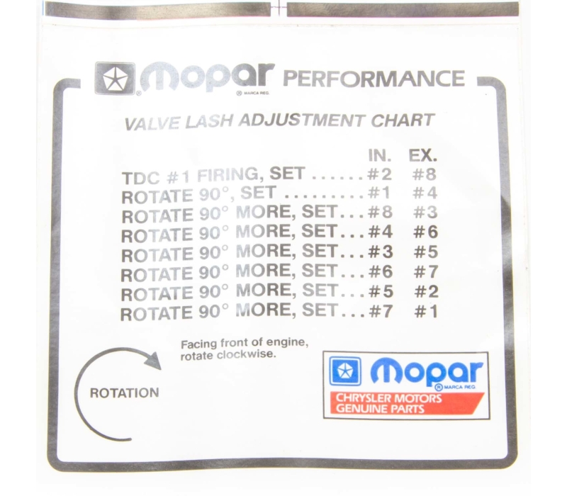 MOPAR PERFORMANCE Valve Lash Adj. Decal