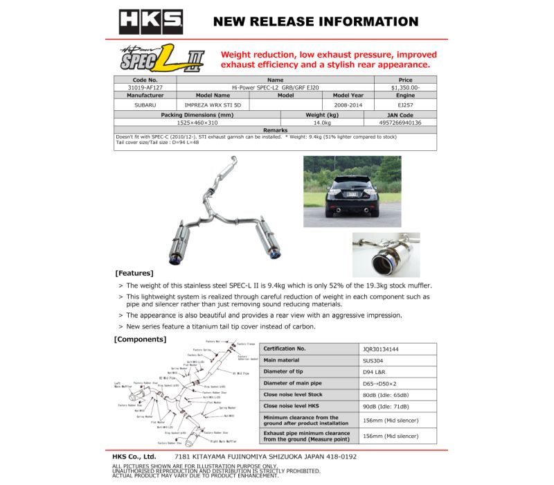 HKS Hi-Power SPEC-L2 GRB/GRF EJ20 31019-af127 image 2