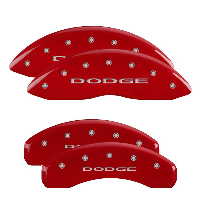 MGP Caliper Covers 12088SDD4RD Caliper Cover (Red Powder Coat Finish, Engraved Front and Rear: With out stripes/Dodge, Silver Characters, Set of 4)