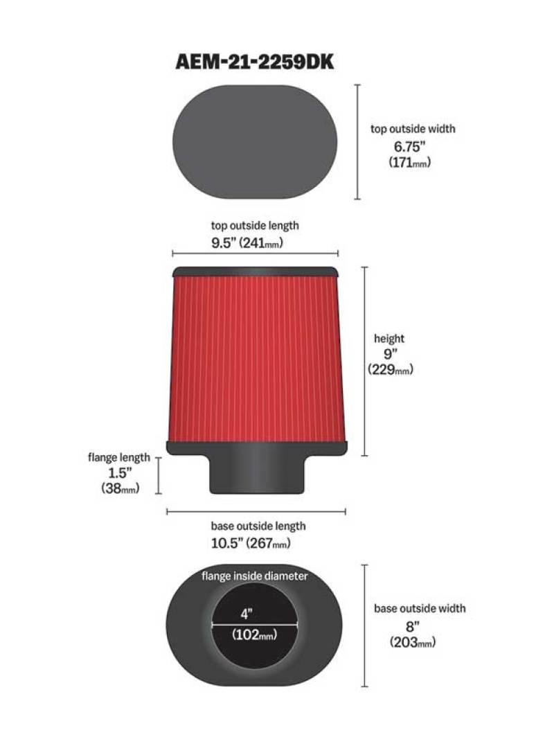 AEM 4.00 inch Dryflow Air Filter Oval 9.00 inch Element 212259dk image 3