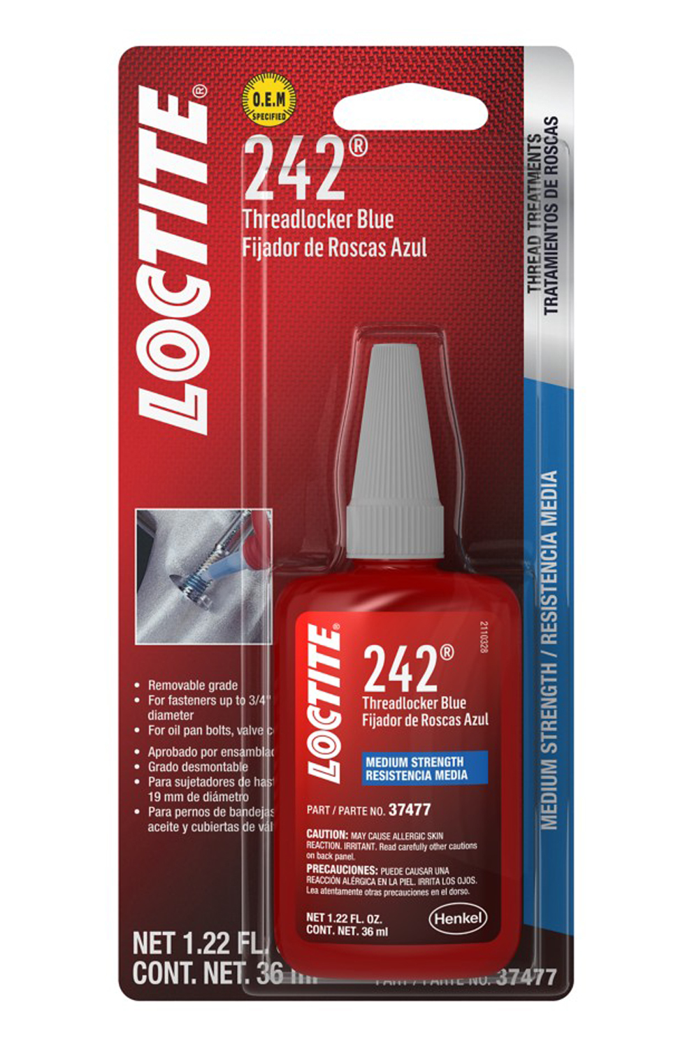 LOCTITE 242 Threadlocker for Automotive: High-Temp, Medium-Strength, Anaerobic, All Purpose TYPICAL APPLICATIONS, Works on all Metals| Blue, 36 ml Bottle (PN: 37477 - 492140)